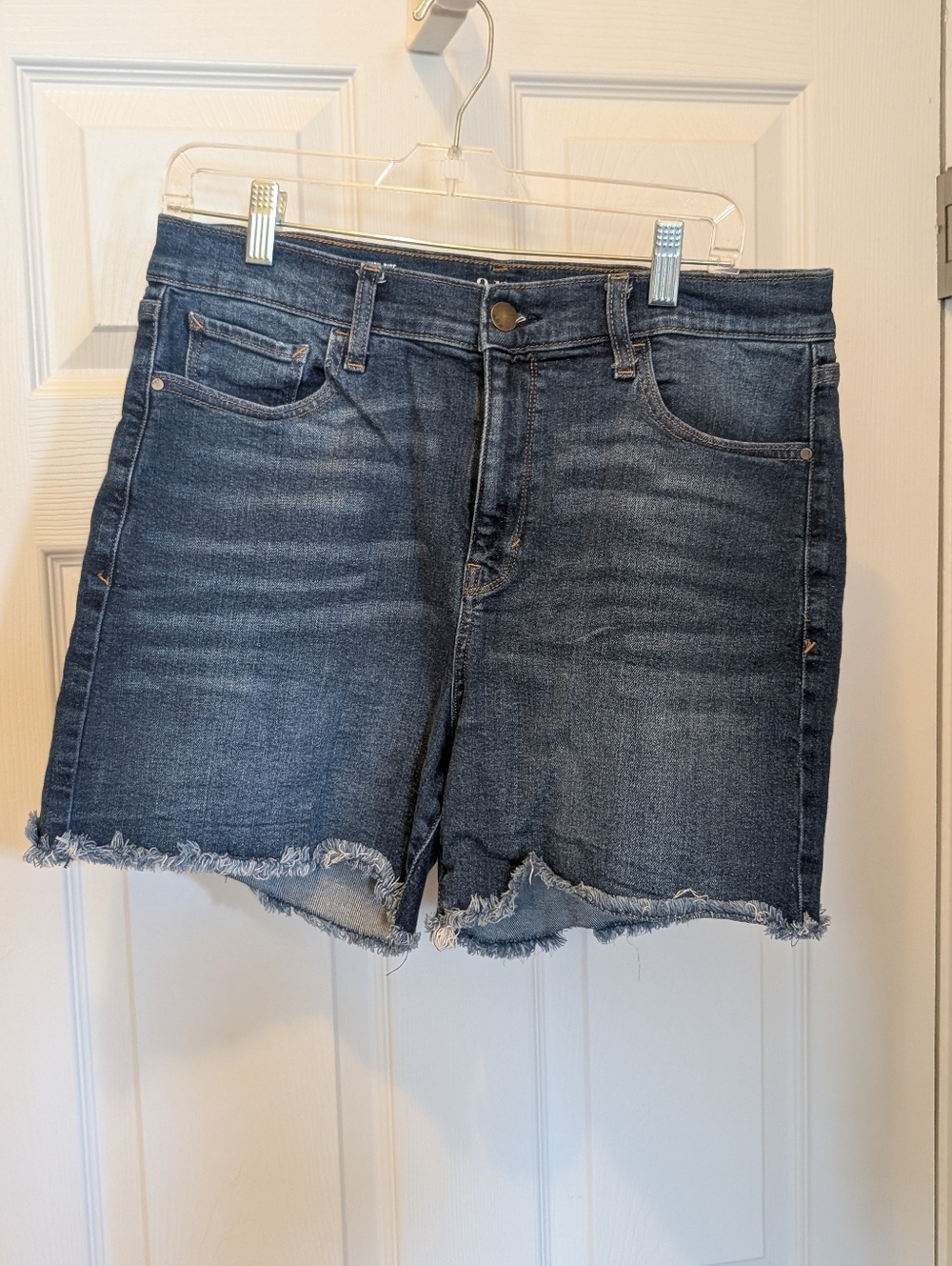 a.n.a High Rise Midi Denim Shorts Size 14 Dark Wash Raw Hem Frayed 5” Inseam...